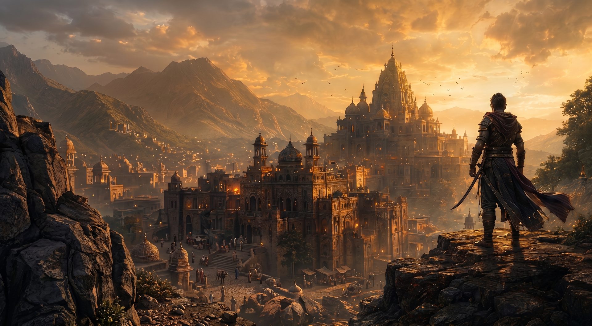A warrior overlooking a golden mountain city at sunset